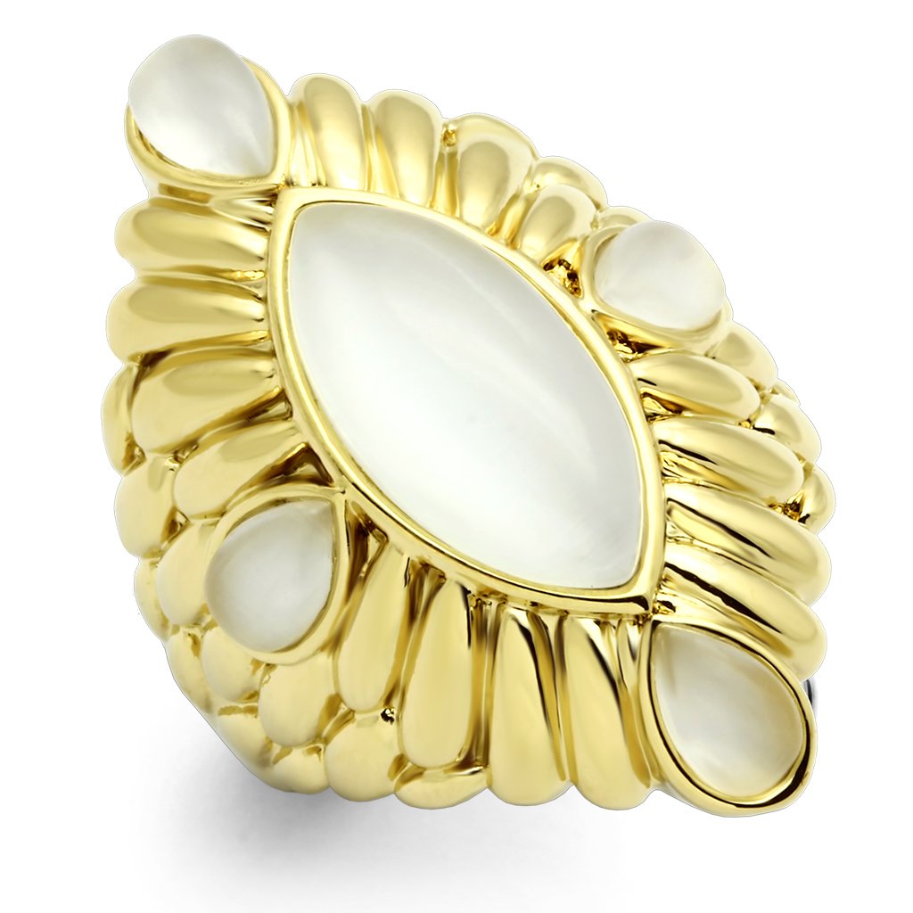 Alamode IP Gold(Ion Plating) Brass Ring with Synthetic Cat Eye in White