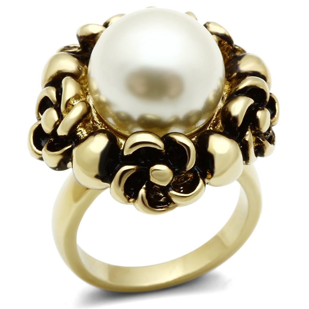 Alamode IP Gold(Ion Plating) Brass Ring with Synthetic Pearl in White