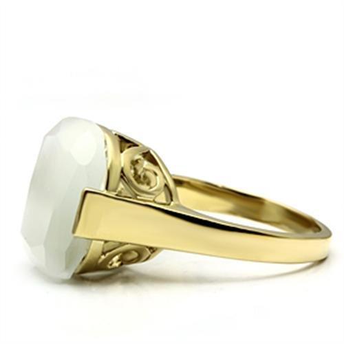 Alamode IP Gold(Ion Plating) Brass Ring with Synthetic Cat Eye in White - Flyclothing LLC