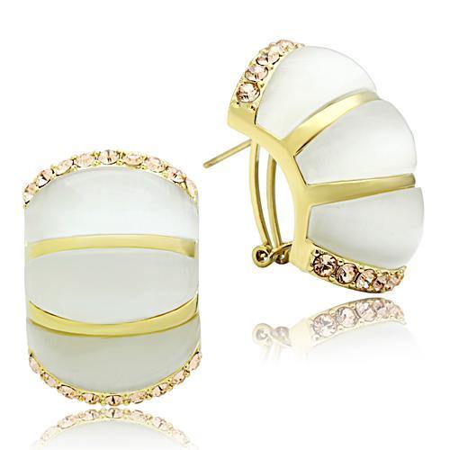 Alamode IP Gold(Ion Plating) Brass Earrings with Synthetic Cat Eye in White - Alamode