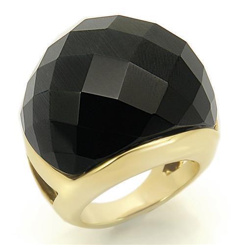 Alamode Gold Brass Ring with Synthetic Cat Eye in Jet