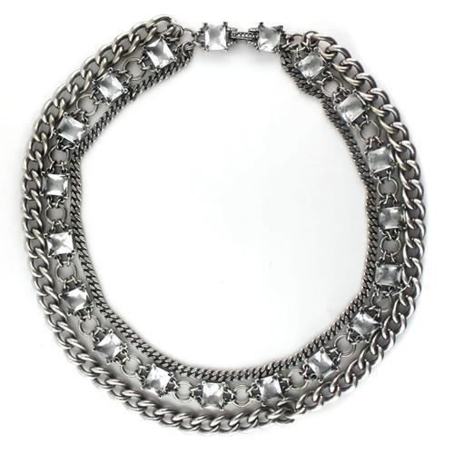 Alamode Antique Silver Brass Necklace with Synthetic Synthetic Glass in Clear