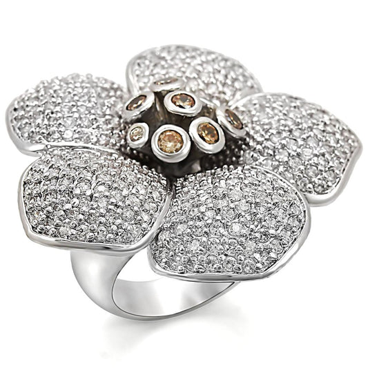 Alamode Rhodium Brass Ring with AAA Grade CZ in Champagne