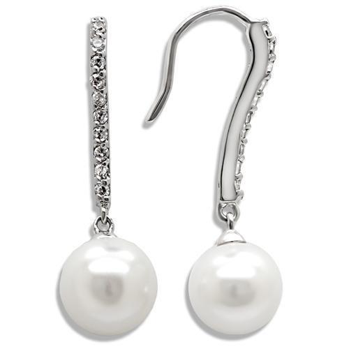 Alamode Rhodium Brass Earrings with Synthetic Pearl in White