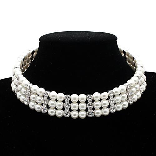 Alamode Rhodium Brass Necklace with Synthetic Pearl in White