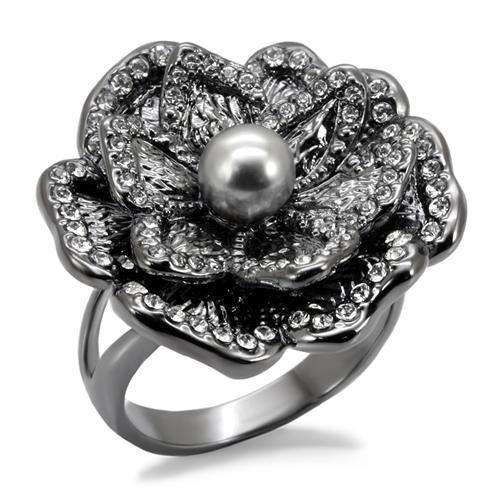 Alamode TIN Cobalt Black Brass Ring with Synthetic Pearl in Light Gray