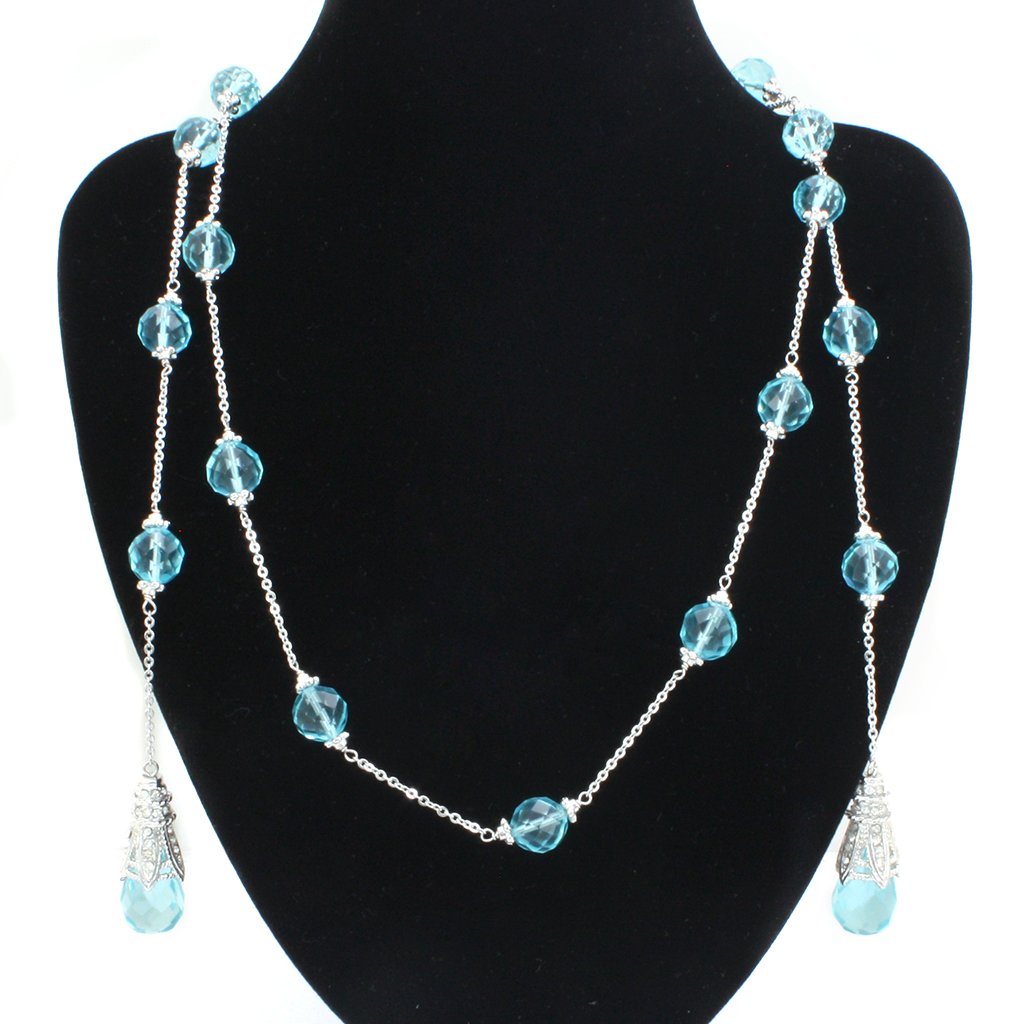 Alamode Rhodium White Metal Necklace with Synthetic Glass Bead in Sea Blue