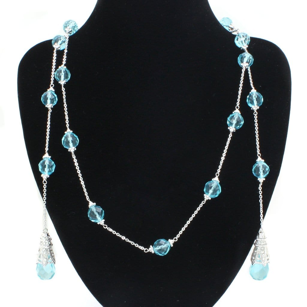 Alamode Rhodium White Metal Necklace with Synthetic Glass Bead in Sea Blue - Alamode