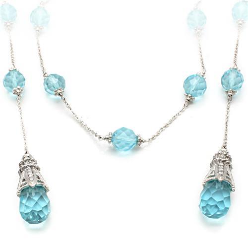 Alamode Rhodium White Metal Necklace with Synthetic Glass Bead in Sea Blue - Flyclothing LLC