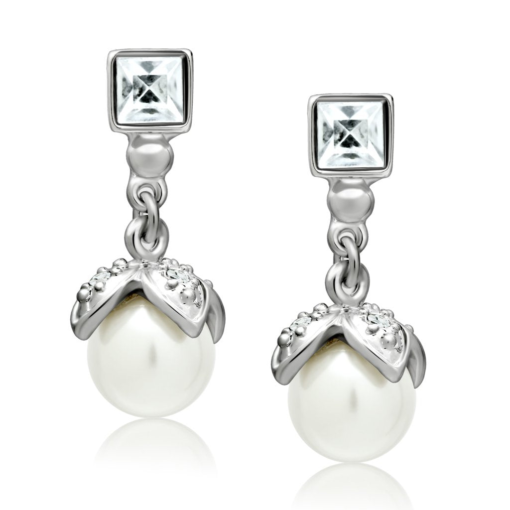 Alamode Rhodium White Metal Earrings with Synthetic Pearl in White