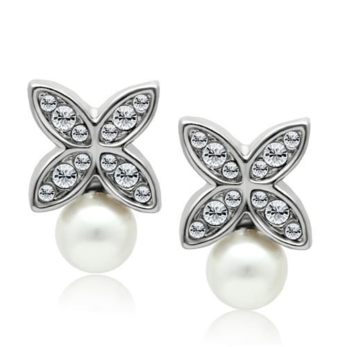 Alamode Rhodium White Metal Earrings with Synthetic Pearl in White - Alamode