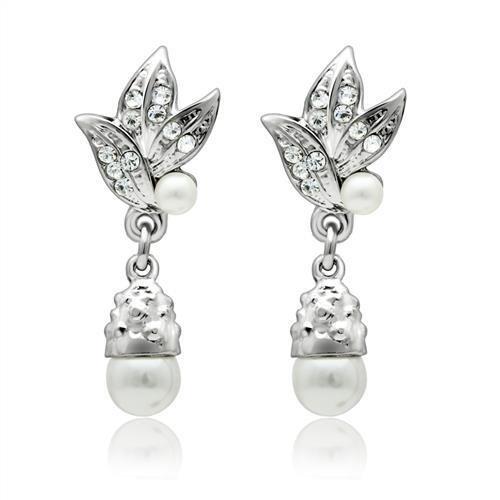 Alamode Rhodium White Metal Earrings with Synthetic Pearl in White