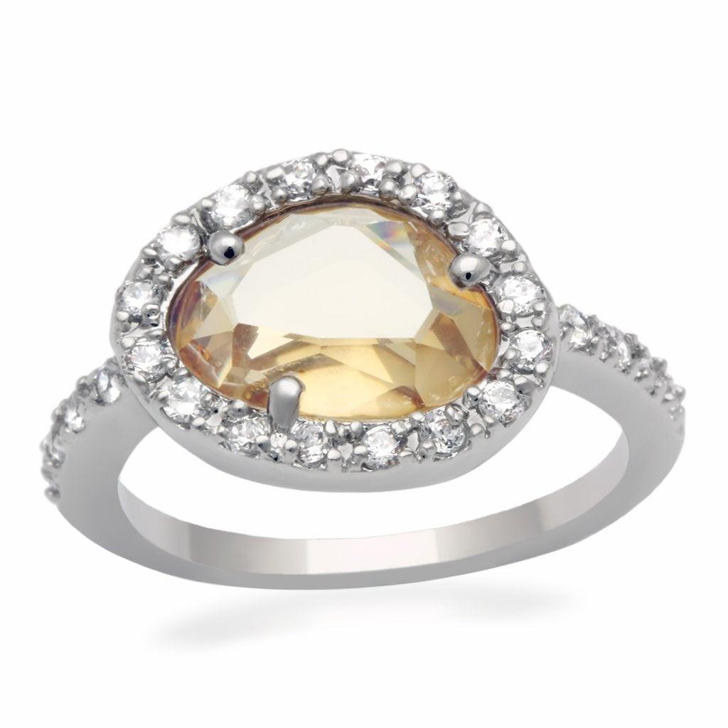 Alamode Rhodium Brass Ring with AAA Grade CZ in Champagne