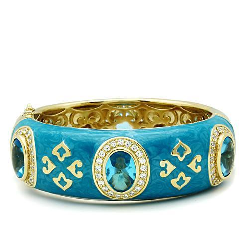 Alamode Gold Brass Bangle with Synthetic Synthetic Glass in Sea Blue