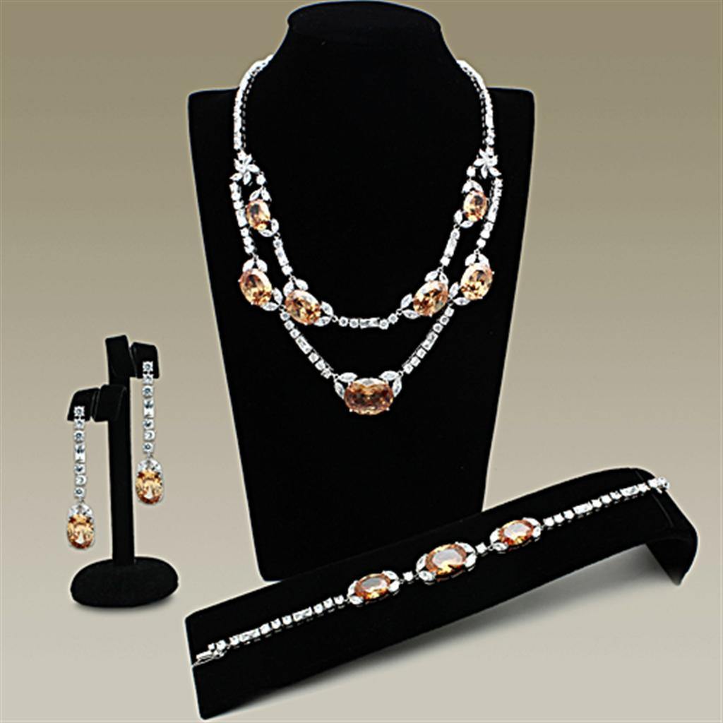 Alamode Rhodium Brass Jewelry Sets with AAA Grade CZ in Champagne