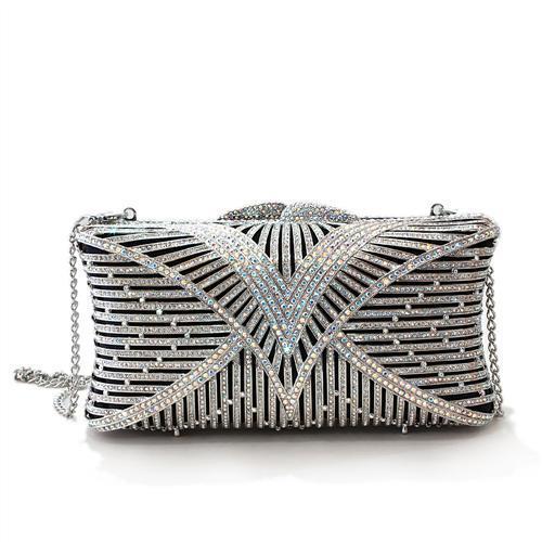 Alamode Imitation Rhodium White Metal Clutch with Top Grade Crystal in White