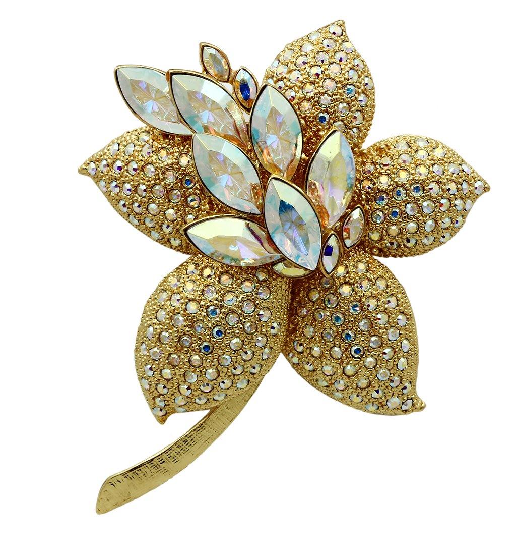 Alamode Gold White Metal Brooches with Top Grade Crystal in Aurora Borealis (Rainbow Effect)