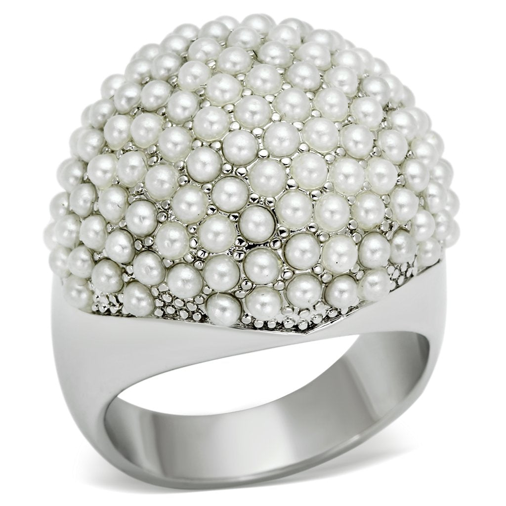 Alamode Rhodium Brass Ring with Synthetic Pearl in White