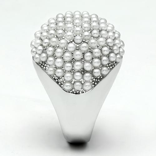 Alamode Rhodium Brass Ring with Synthetic Pearl in White - Flyclothing LLC