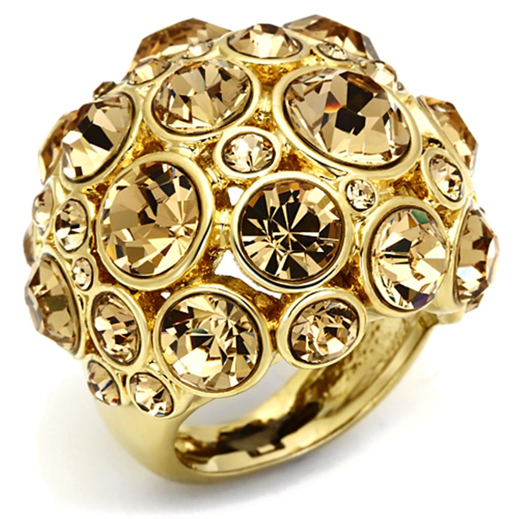 Alamode Gold Brass Ring with Top Grade Crystal in Light Smoked