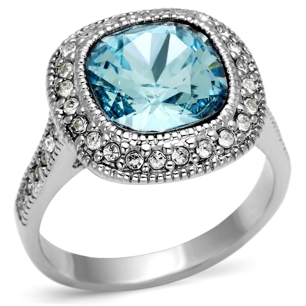 Alamode Rhodium Brass Ring with Top Grade Crystal in Sea Blue - Alamode