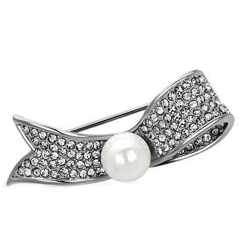 Alamode Imitation Rhodium White Metal Brooches with Synthetic Pearl in White - Alamode