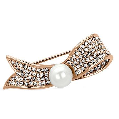 Alamode Flash Rose Gold White Metal Brooches with Synthetic Pearl in White