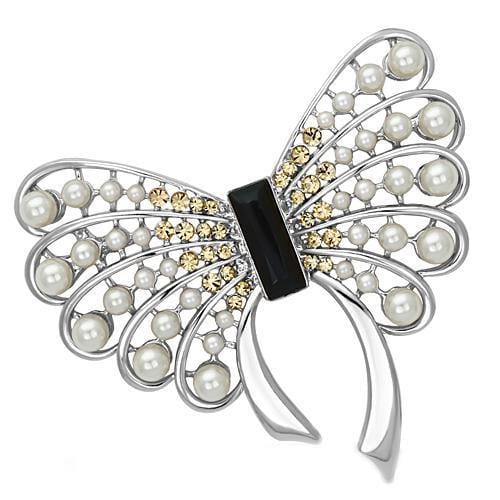 Alamode Imitation Rhodium White Metal Brooches with Synthetic Pearl in Jet - Alamode