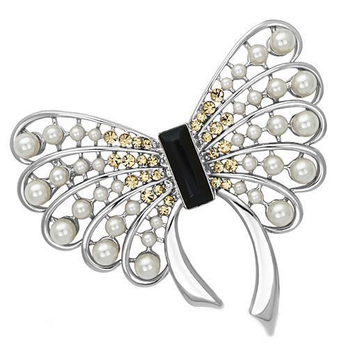 Alamode Imitation Rhodium White Metal Brooches with Synthetic Pearl in Jet