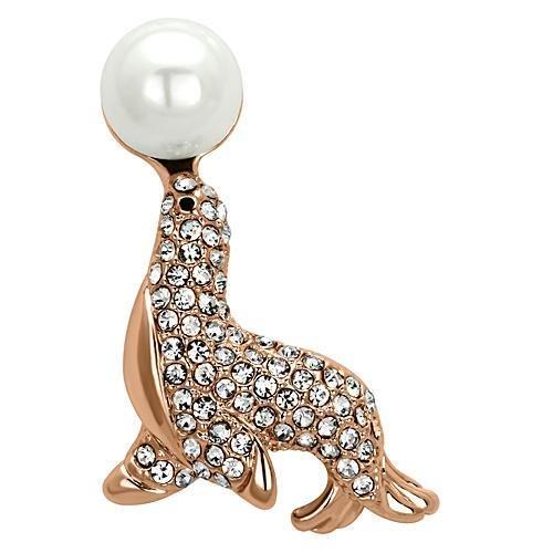 Alamode Flash Rose Gold White Metal Brooches with Synthetic Pearl in White