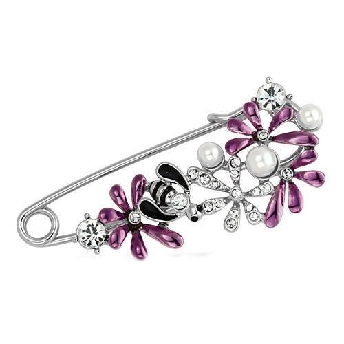 Alamode Imitation Rhodium White Metal Brooches with Synthetic Pearl in White