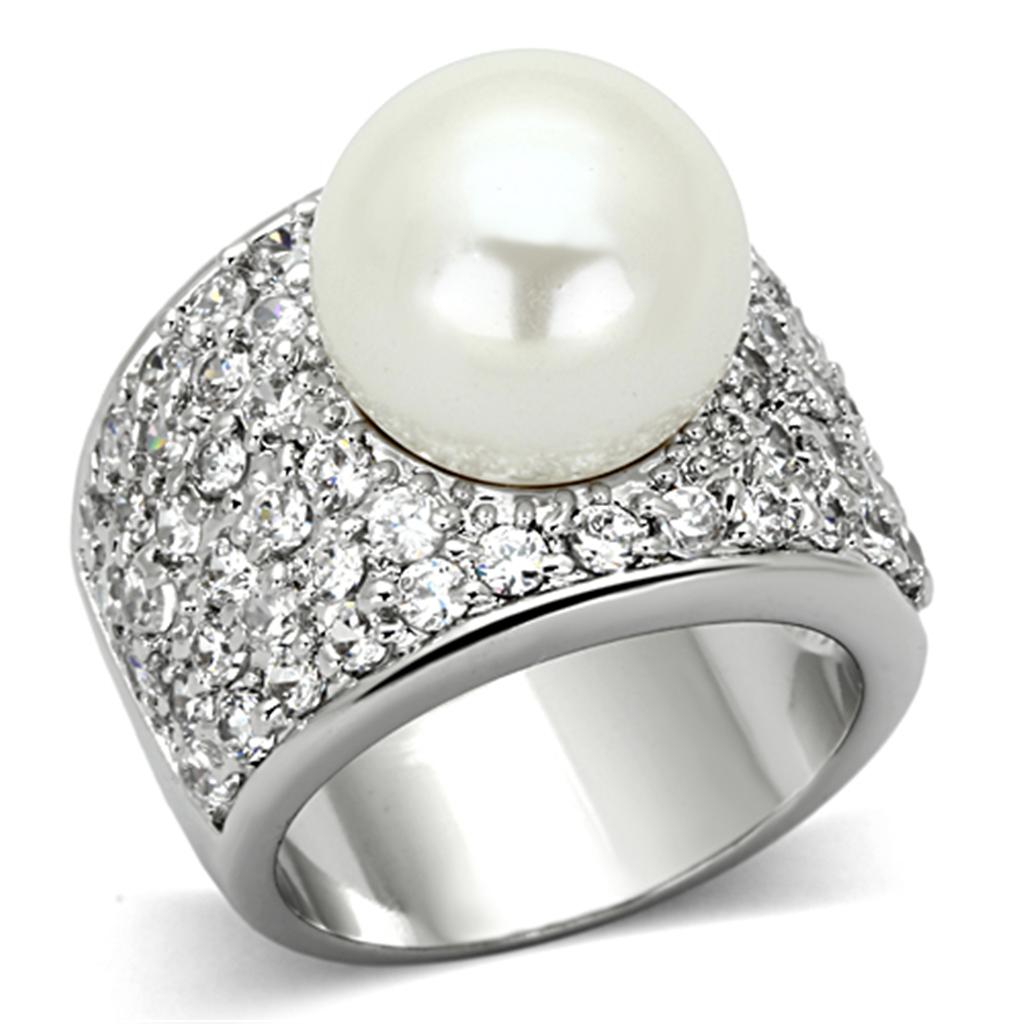 Alamode Rhodium Brass Ring with Synthetic Pearl in White