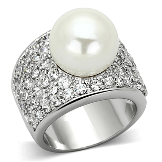 Alamode Rhodium Brass Ring with Synthetic Pearl in White