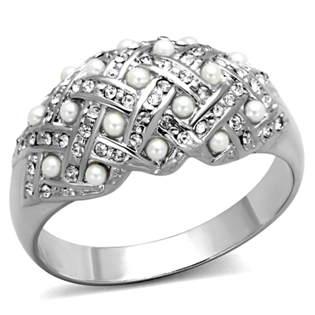 Alamode Rhodium Brass Ring with Synthetic Pearl in White