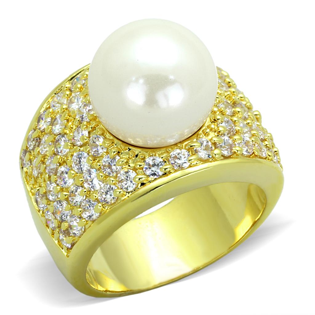 Alamode Gold Brass Ring with Synthetic Pearl in White