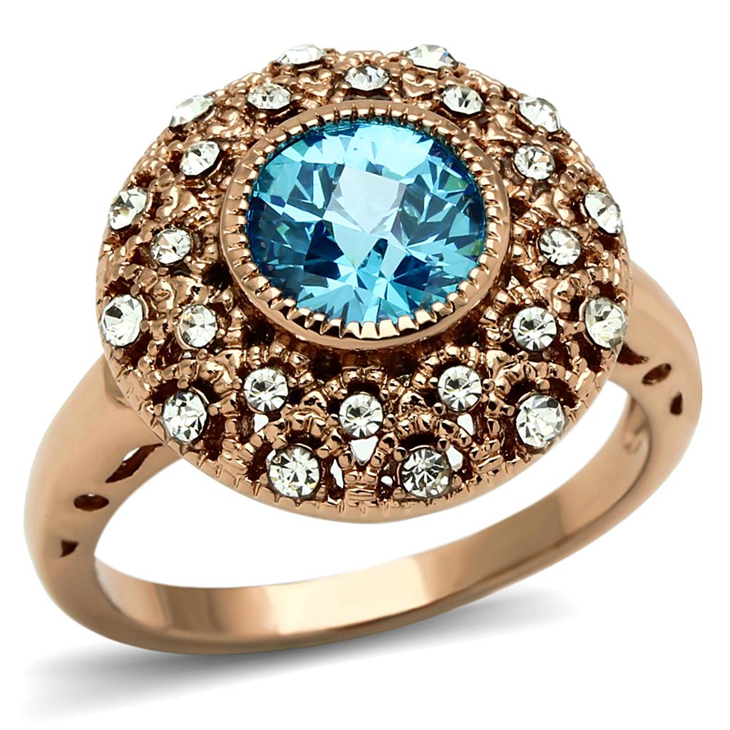 Alamode Rose Gold Brass Ring with AAA Grade CZ in Sea Blue