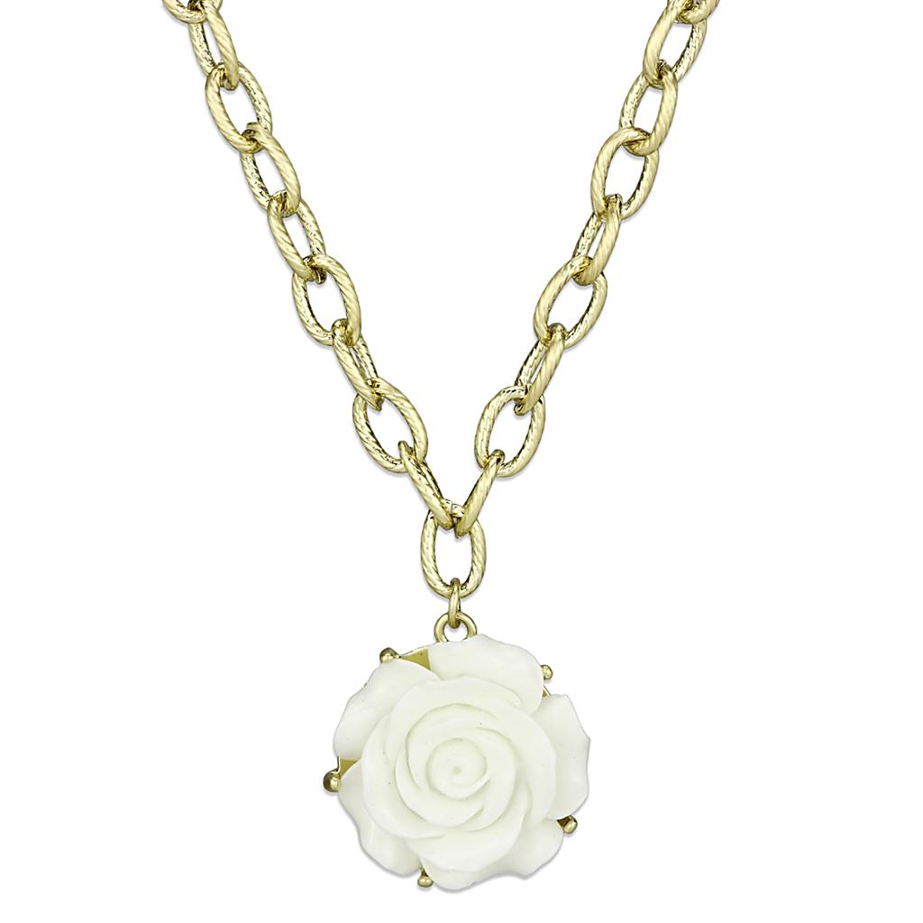 Alamode Gold & Brush Brass Necklace with Synthetic Synthetic Stone in White