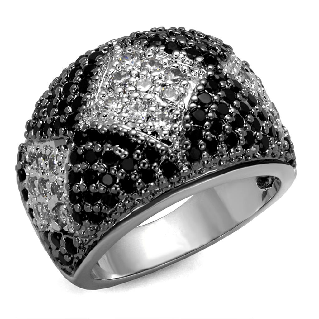 Alamode Rhodium + Ruthenium Brass Ring with AAA Grade CZ in Black Diamond - Alamode