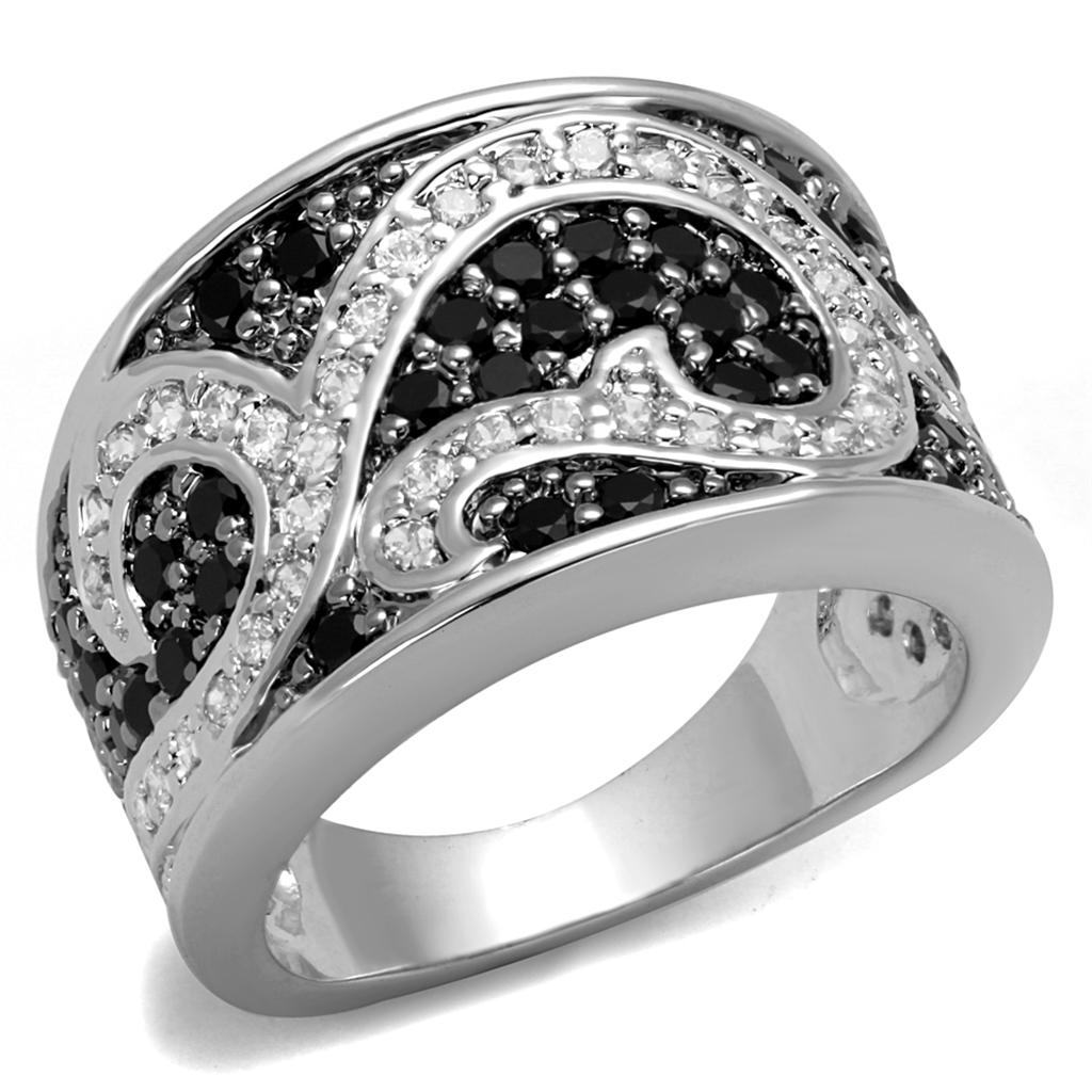 Alamode Rhodium + Ruthenium Brass Ring with AAA Grade CZ in Black Diamond