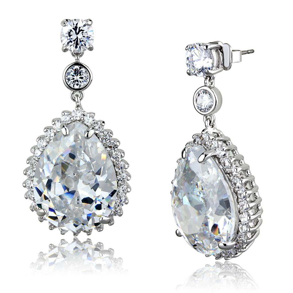 Alamode Rhodium Brass Earrings with AAA Grade CZ in Clear