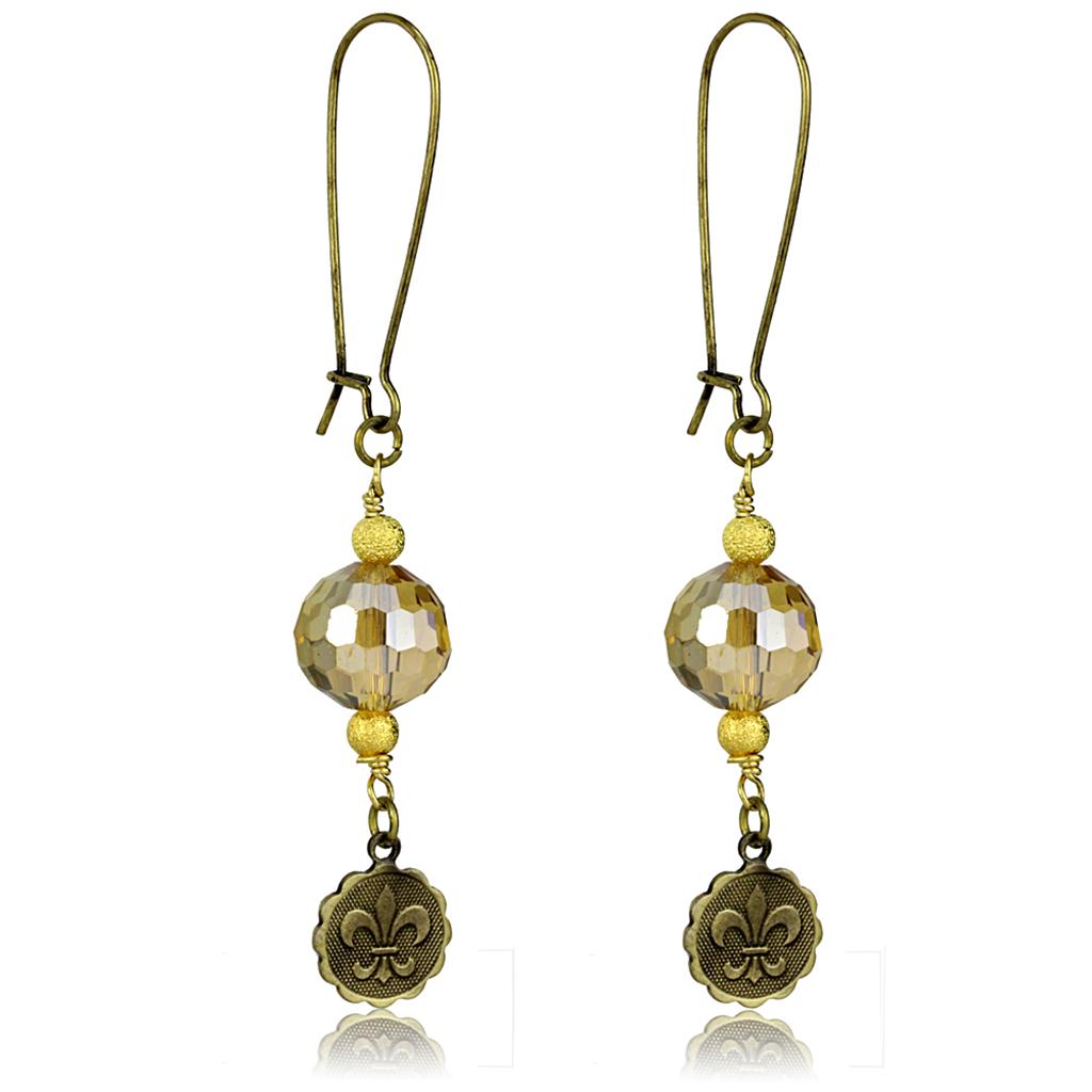 Alamode Antique Copper White Metal Earrings with Synthetic Glass Bead in Champagne