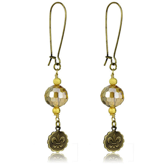 Alamode Antique Copper White Metal Earrings with Synthetic Glass Bead in Champagne