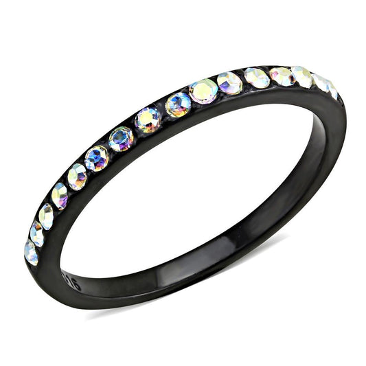 Alamode IP Black(Ion Plating) Stainless Steel Ring with Top Grade Crystal in Aurora Borealis (Rainbow Effect) - Flyclothing LLC